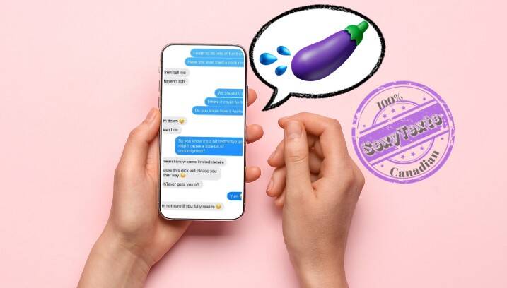 Hands holding a smartphone displaying a flirtatious text conversation, with an emoji of a purple eggplant and water droplets shown in a thought bubble, and a SexyTexte Canadian stamp in the corner.